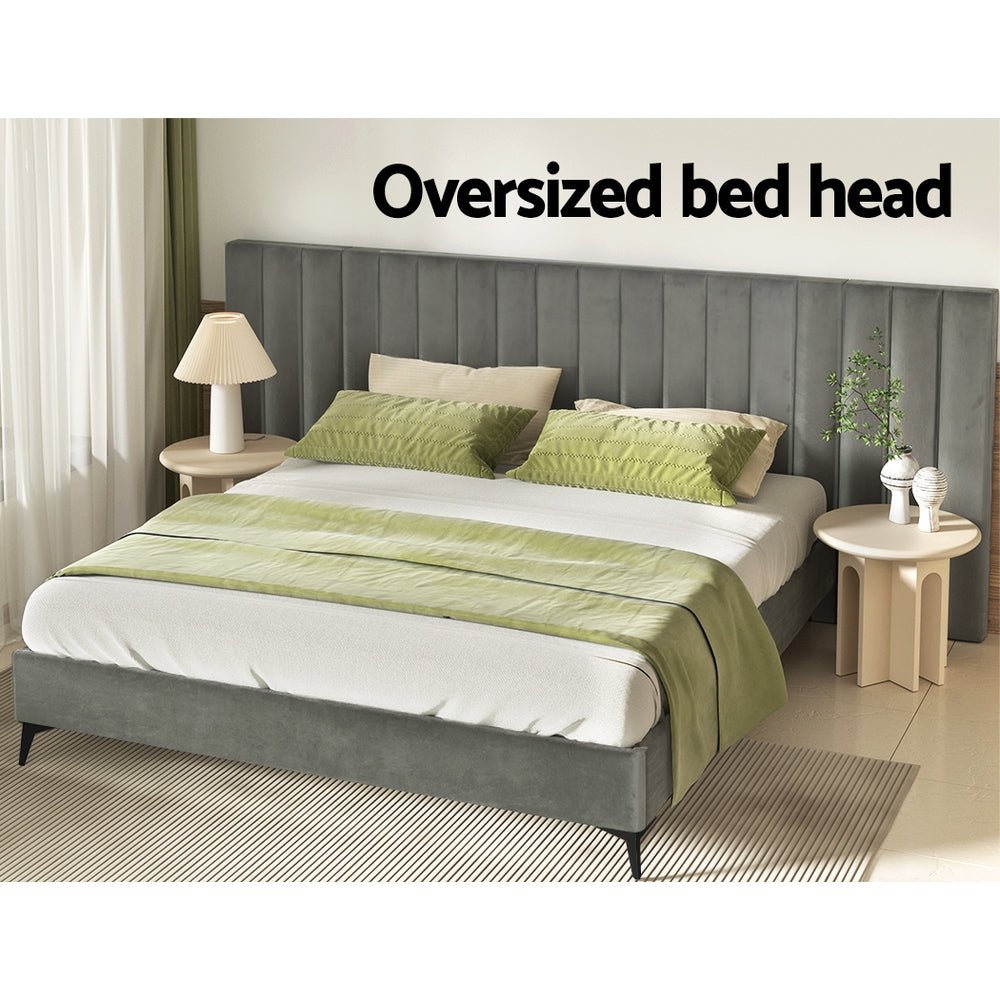 Burnett King Bed Frame With Oversized Headboard Velvet Grey - Furniture > Bedroom - Bedzy Australia