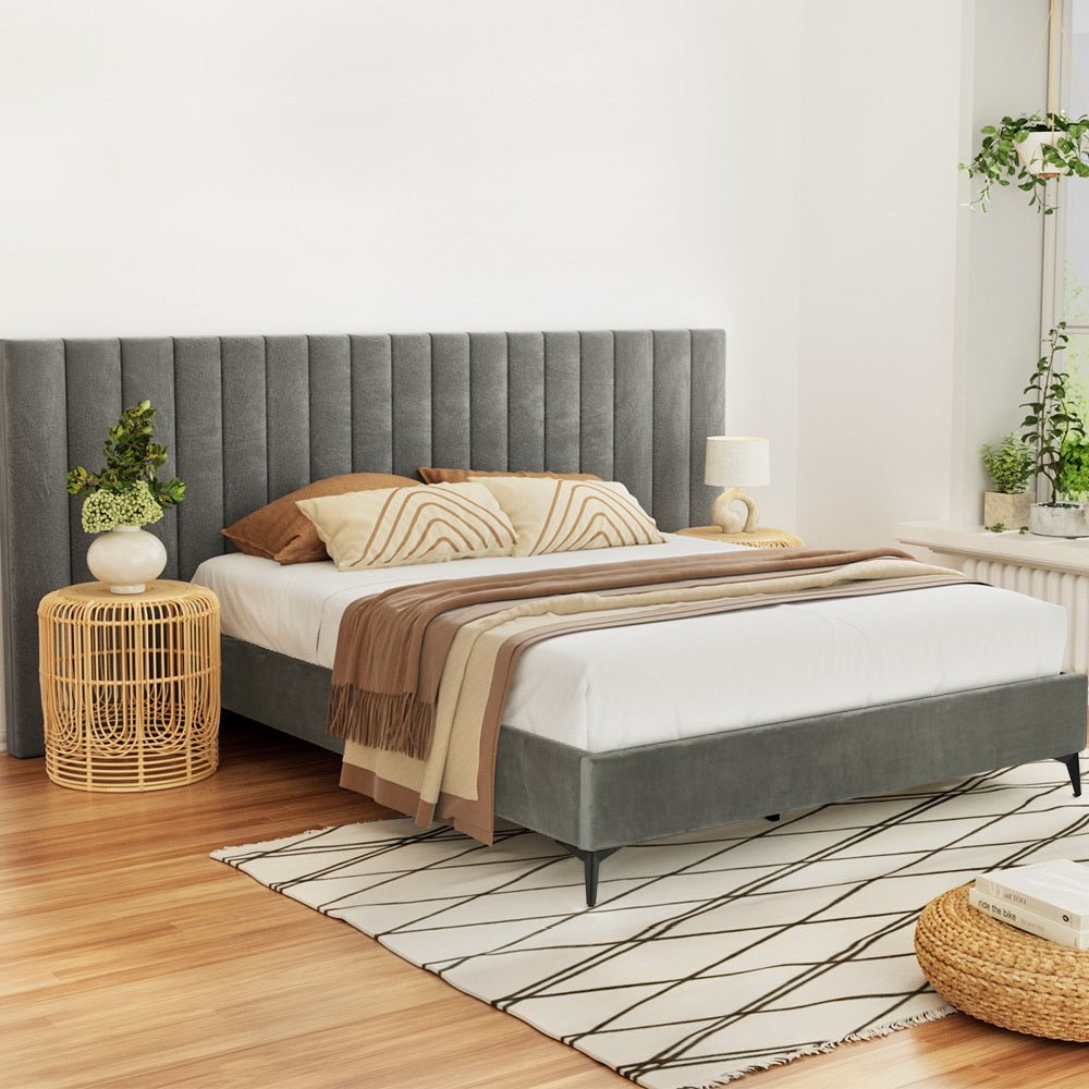 Burnett Queen Bed Frame With Oversized Headboard Velvet Grey - Furniture > Bedroom - Bedzy Australia