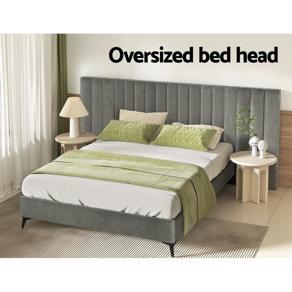 Burnett Queen Bed Frame With Oversized Headboard Velvet Grey - Furniture > Bedroom - Bedzy Australia