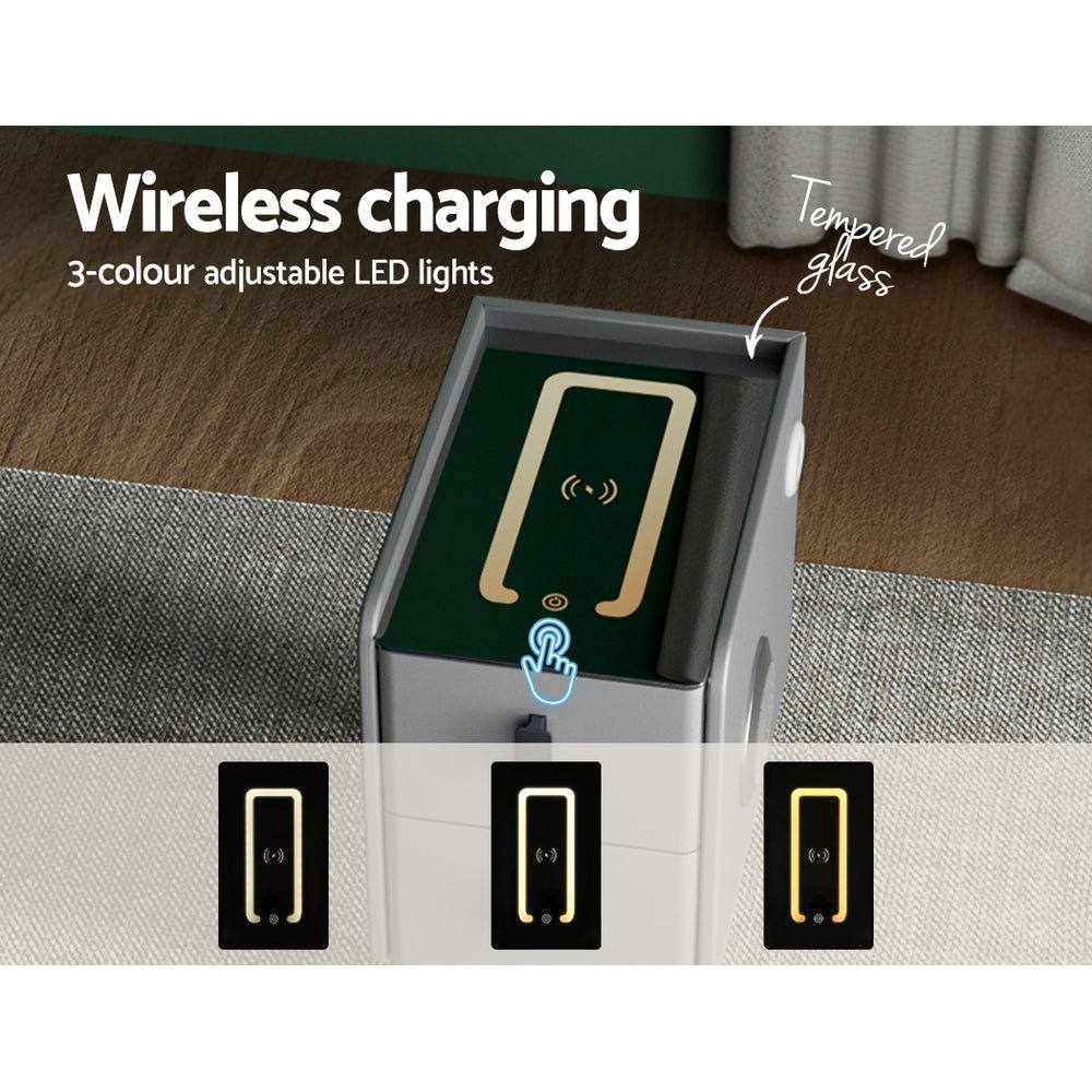 Smart Bedside Table 2 Drawers with Wireless Charging LED Lights Grey - Furniture > Bedroom - Bedzy Australia