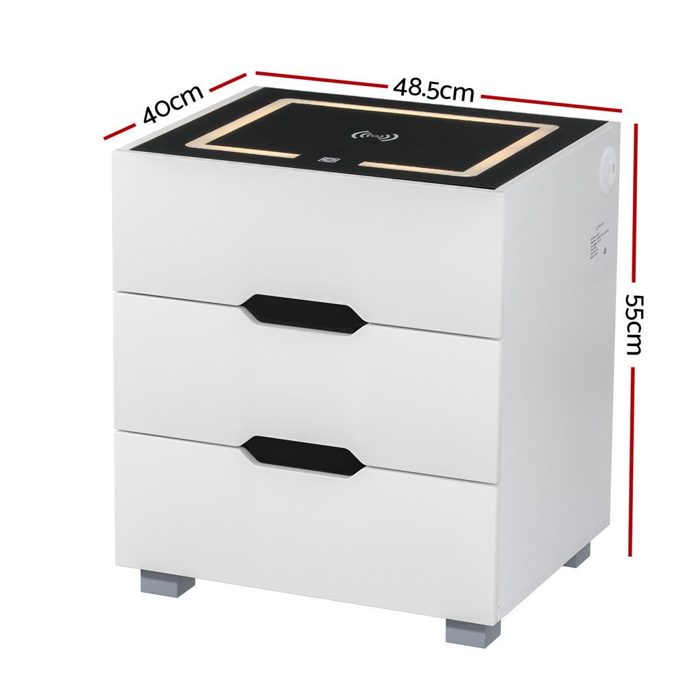 Smart LED 3 Drawer Bedside Table with Wireless Charging White - Furniture > Bedroom - Bedzy Australia