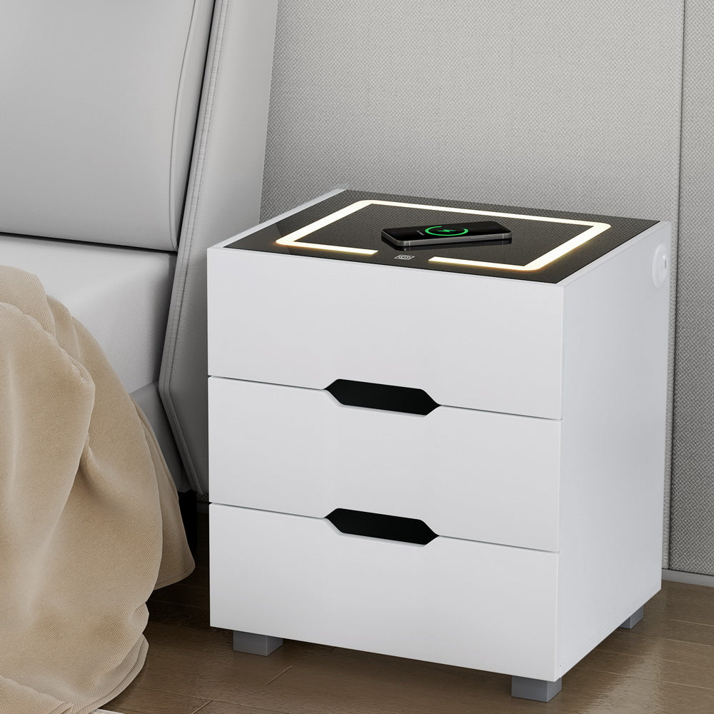 Smart LED 3 Drawer Bedside Table with Wireless Charging White - Furniture > Bedroom - Bedzy Australia