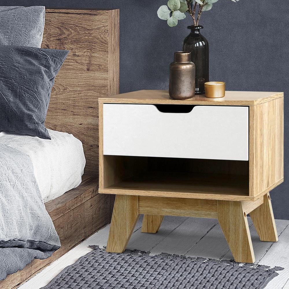 Bedside Table Drawer Nightstand Shelf Cabinet Storage Lamp Side Wooden - Bedzy Australia