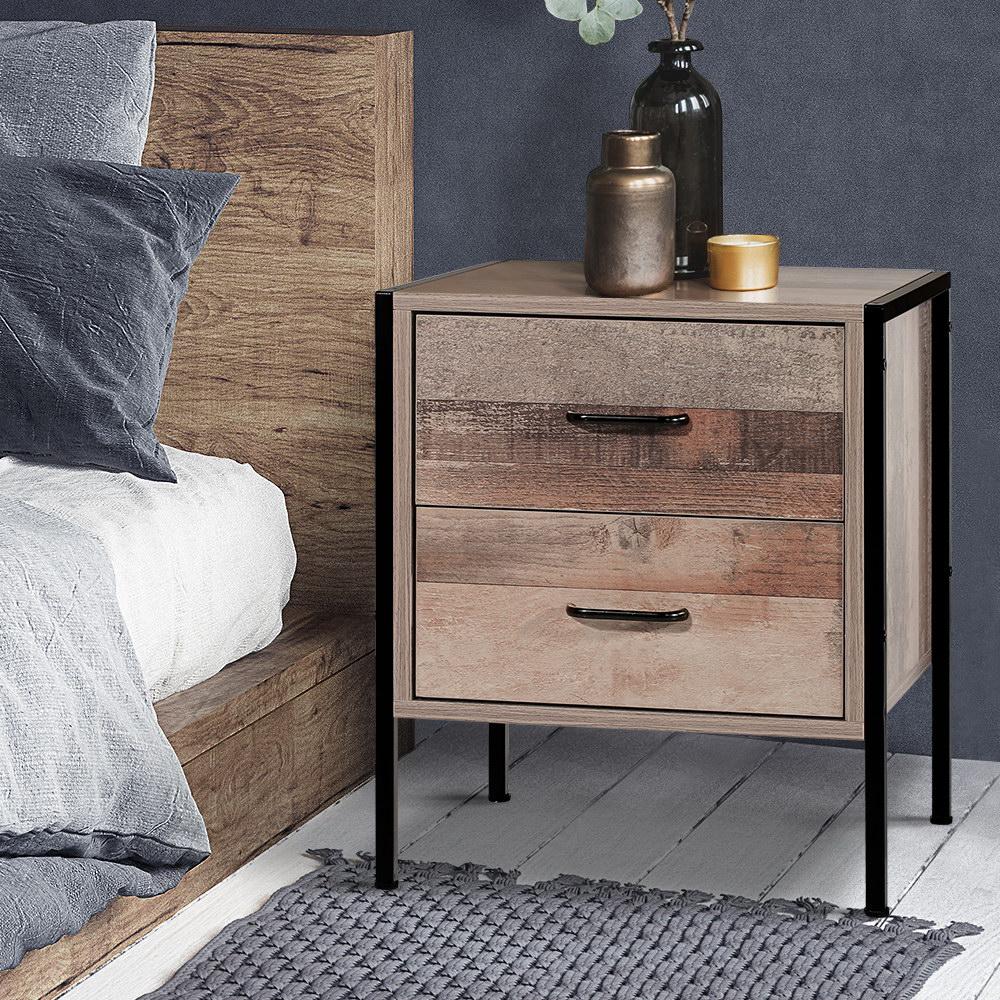 Bedside Table Drawers Nightstand Metal Oak - Bedzy Australia