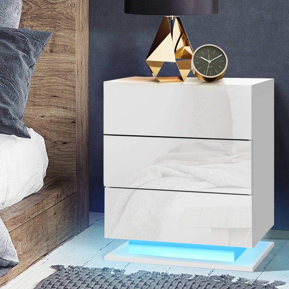 Bedside Tables Side Table RGB LED Lamp 3 Drawers Nightstand Gloss White - Bedzy Australia