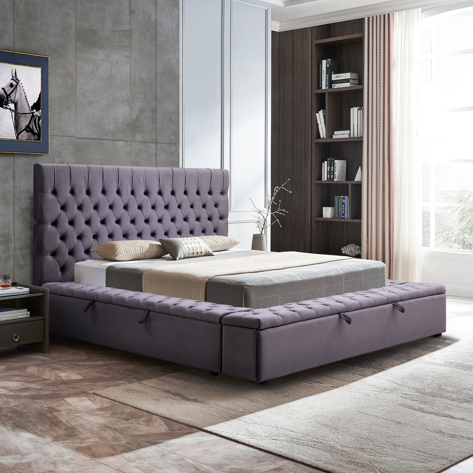 Bedzy Luxe Anna Queen Size Bed Frame Velvet Upholstery - Deep Grey - Furniture > Bedroom - Bedzy Australia