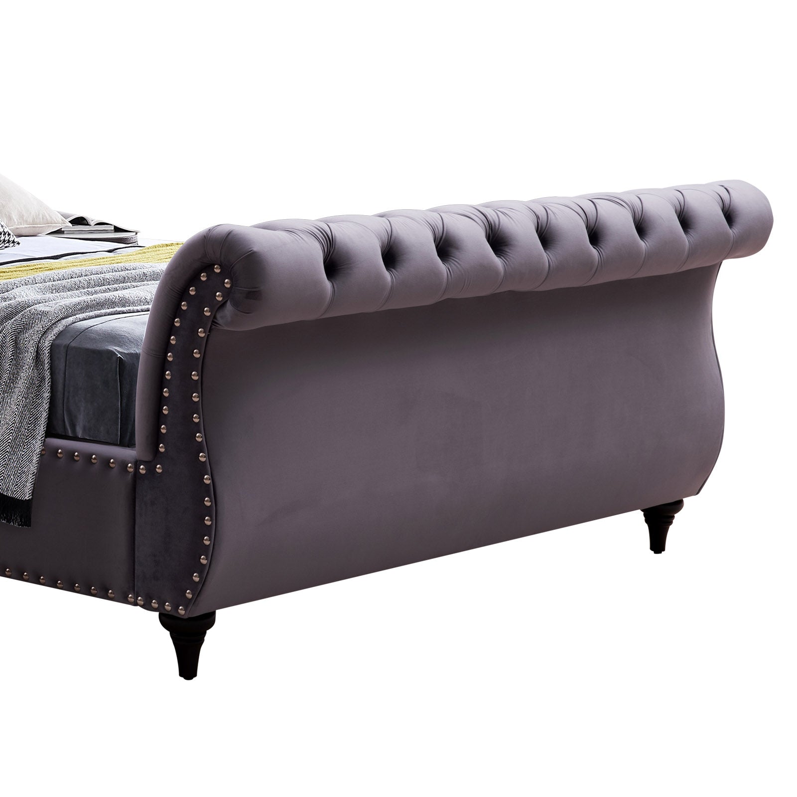 Bedzy Luxe Royal Sleigh Queen Size Bed Frame - Grey Velvet - Furniture > Bedroom - Bedzy Australia