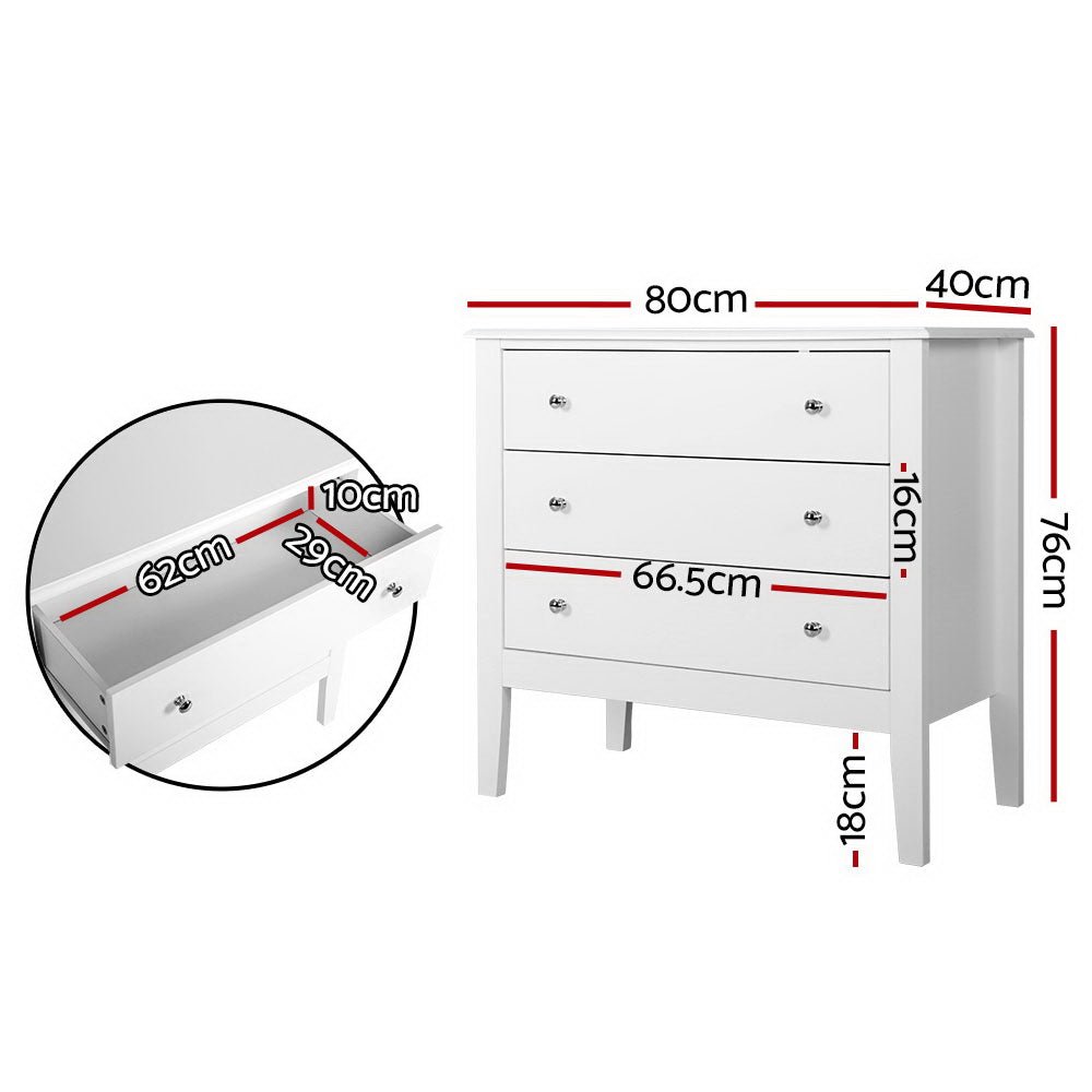 Chest of 3 Drawers Storage Cabinet White - Bedzy Australia