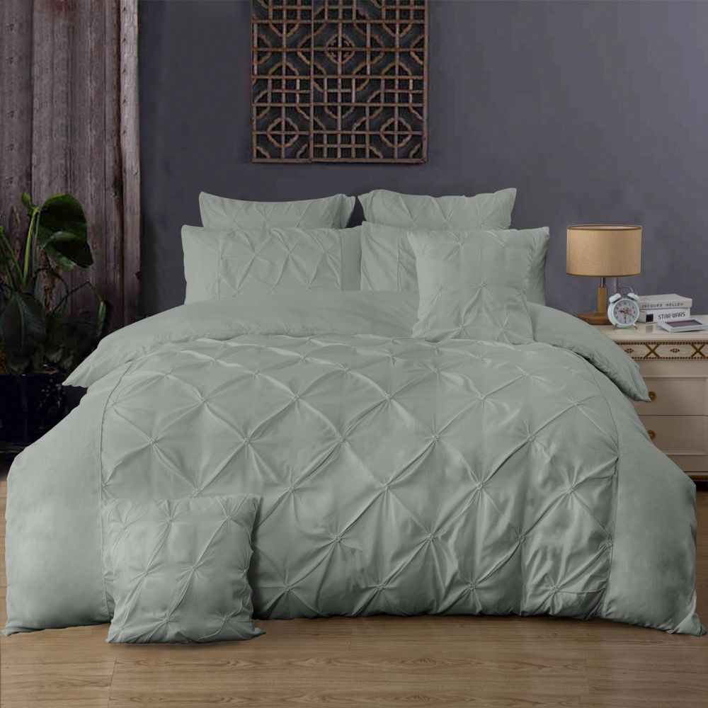 Diamond Pintuck King Size Grey Duvet Doona Quilt Cover Set - Home & Garden > Bedding - Bedzy Australia