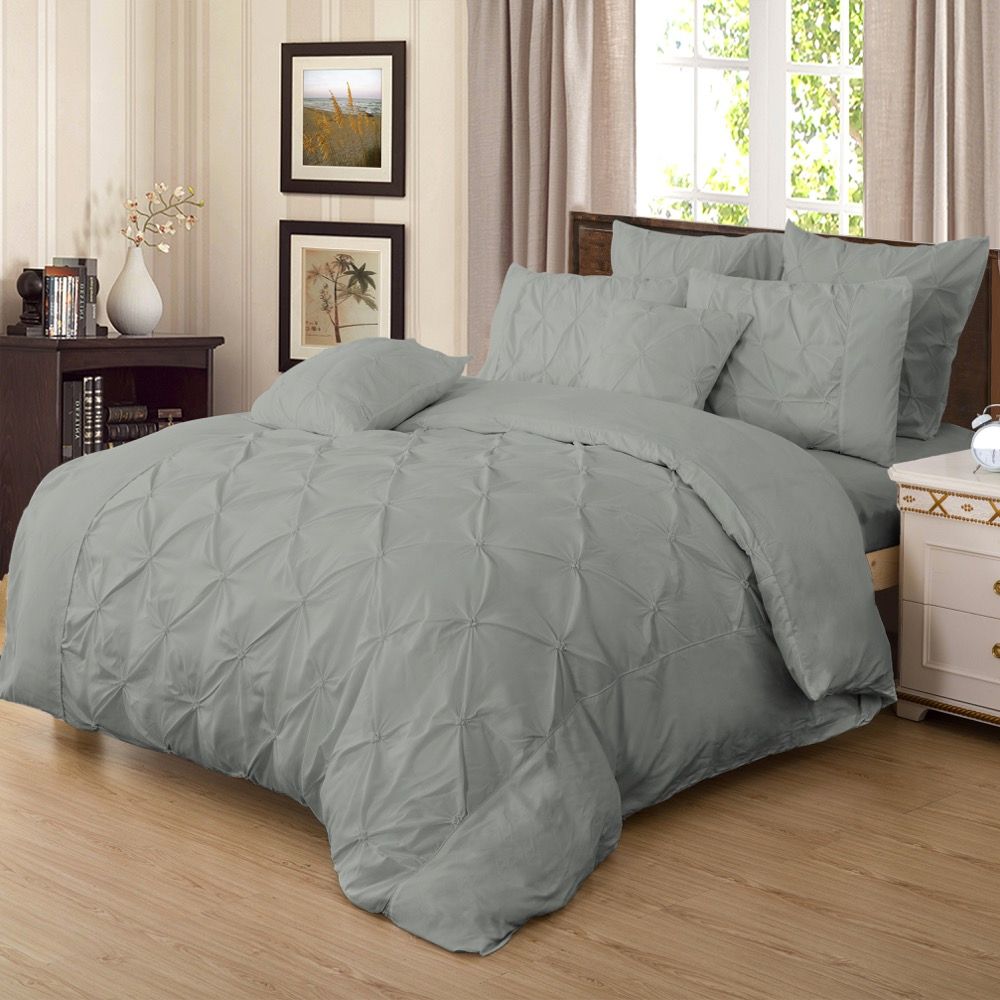 Diamond Pintuck King Size Grey Duvet Doona Quilt Cover Set - Home & Garden > Bedding - Bedzy Australia