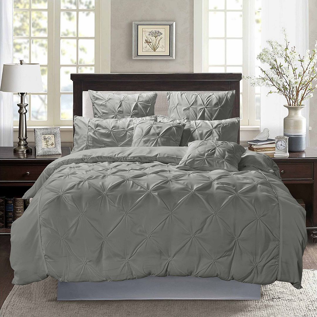 Diamond Pintuck King Size Grey Duvet Doona Quilt Cover Set - Home & Garden > Bedding - Bedzy Australia