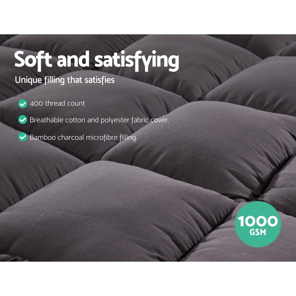 Double Mattress Topper Pillowtop 1000GSM Charcoal Microfibre Bamboo Fibre Filling Protector - Bedzy Australia