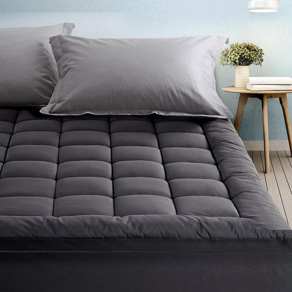 Double Mattress Topper Pillowtop 1000GSM Charcoal Microfibre Bamboo Fibre Filling Protector - Bedzy Australia