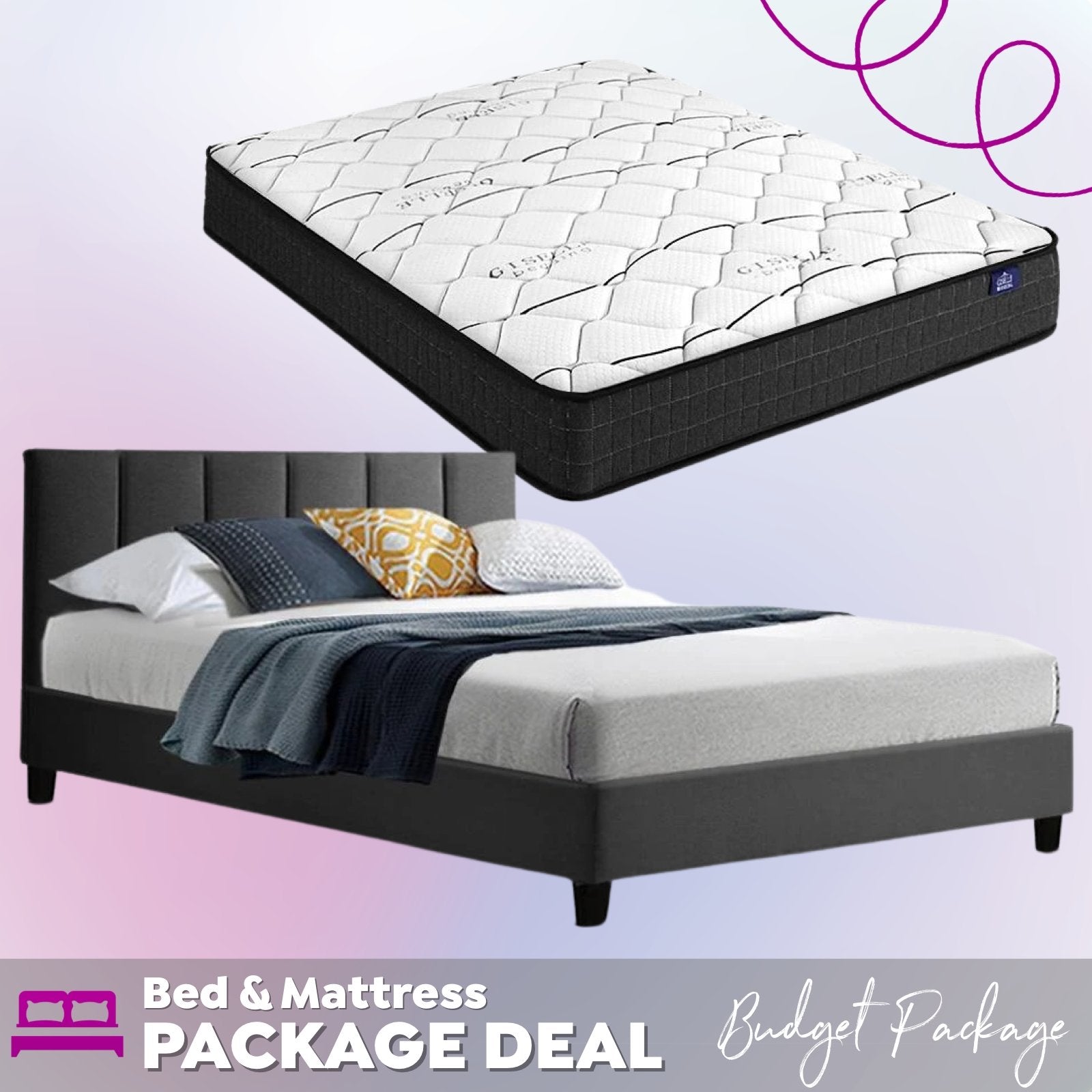 Double Package | Alma Bed Charcoal & Glay Bonnell Spring Mattress (Medium Firm) - Bedzy Australia