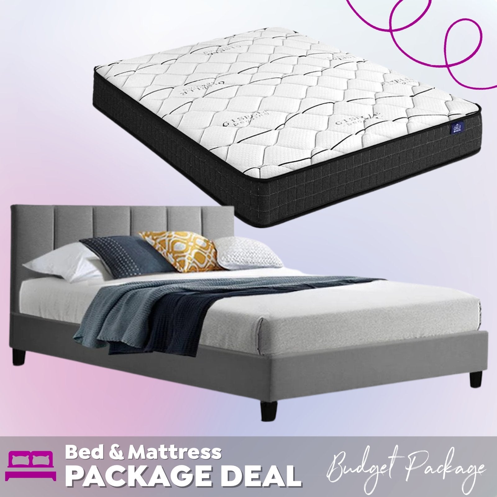 Double Package | Alma Bed Grey & Glay Bonnell Spring Mattress (Medium Firm) - Bedzy Australia