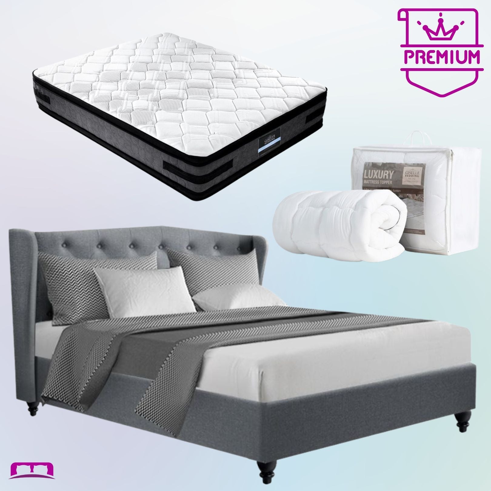 Double Premium Package | Altona Bed Grey, Luna Series Euro Top Mattress (Medium Firm) & Bamboo Mattress Topper! - Bedzy Australia