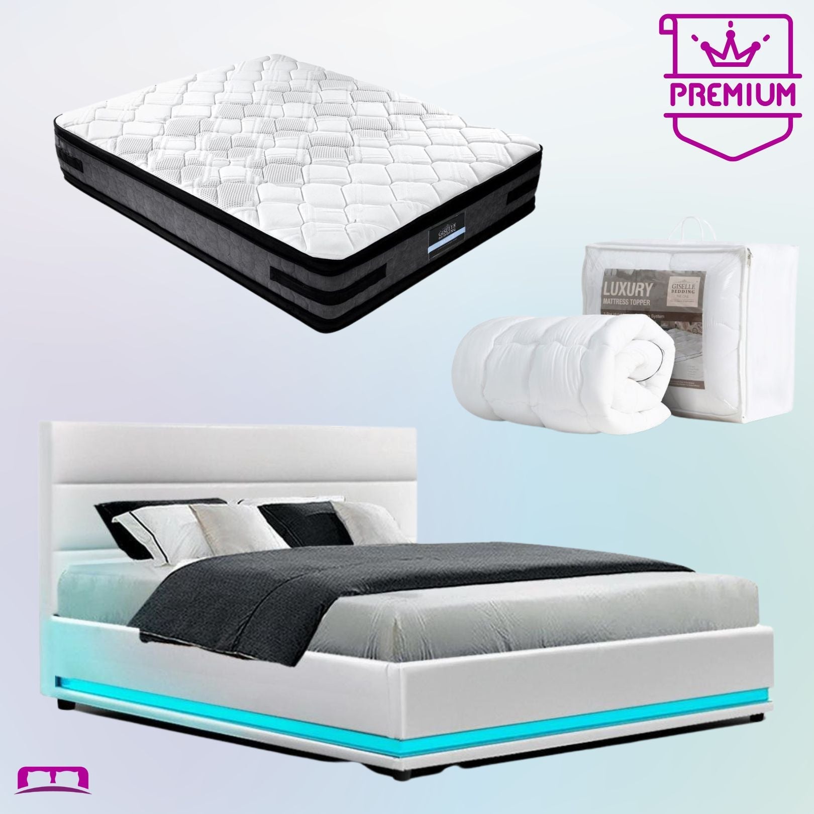 Double Premium Package | Henley LED Bed White, Luna Series Euro Top Mattress (Medium Firm) & Bamboo Mattress Topper! - Bedzy Australia