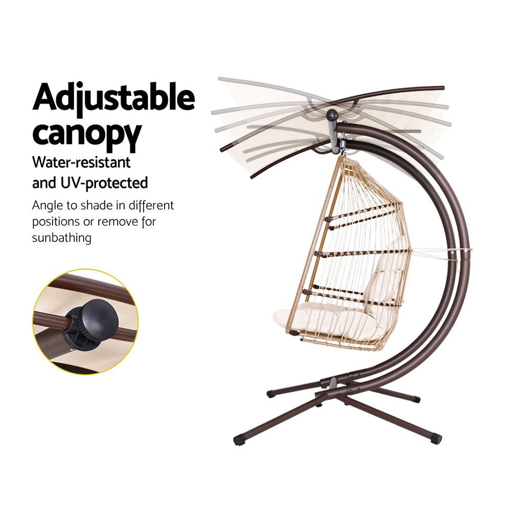 Double Wicker Hanging Swing Chair with Stand Latte - Furniture > Outdoor - Bedzy Australia