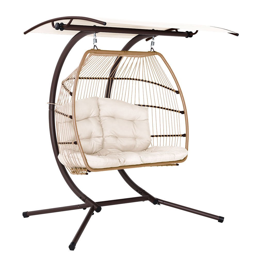 Double Wicker Hanging Swing Chair with Stand Latte - Furniture > Outdoor - Bedzy Australia