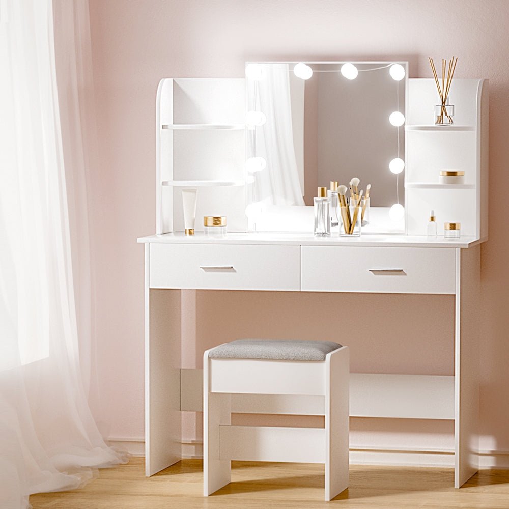 Dulcea LED Dressing Table Makeup Mirror and Stool Set White - Furniture > Bedroom - Bedzy Australia