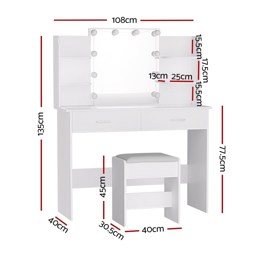 Dulcea LED Dressing Table Makeup Mirror and Stool Set White - Furniture > Bedroom - Bedzy Australia