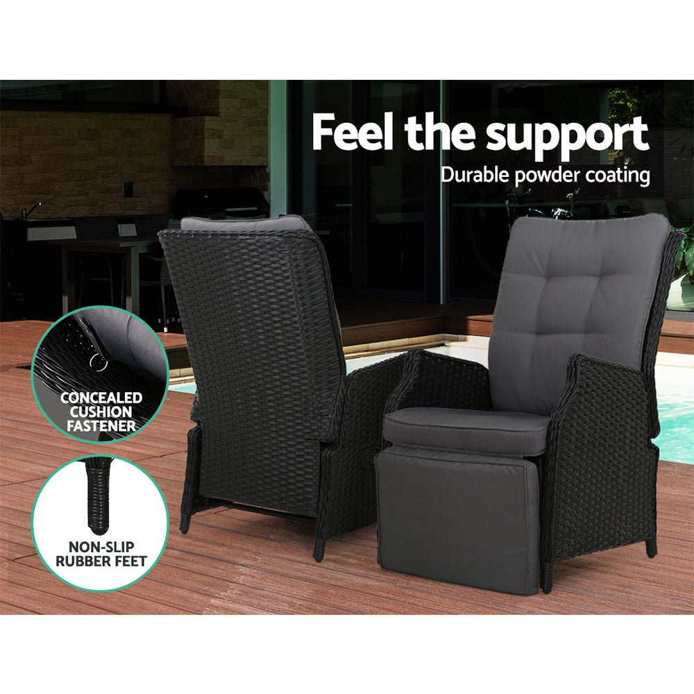 Elara Outdoor Setting Recliner Patio Chairs with Side Table Black - Furniture > Outdoor - Bedzy Australia