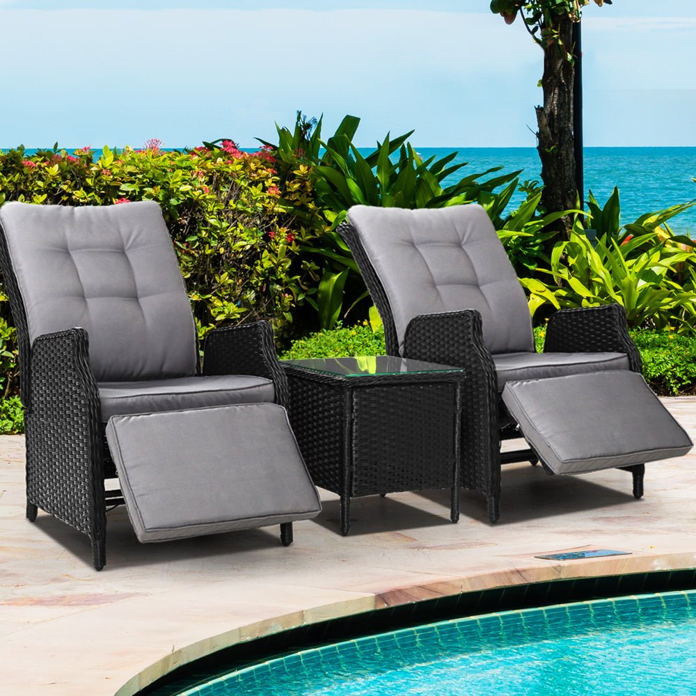 Elara Outdoor Setting Recliner Patio Chairs with Side Table Black - Furniture > Outdoor - Bedzy Australia