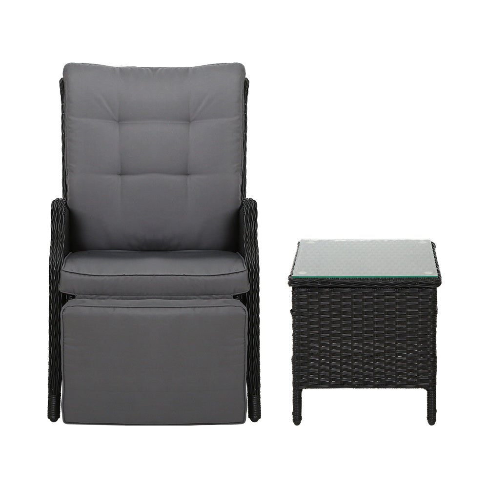 Elara Outdoor Setting Recliner Patio Chairs with Side Table Black - Furniture > Outdoor - Bedzy Australia