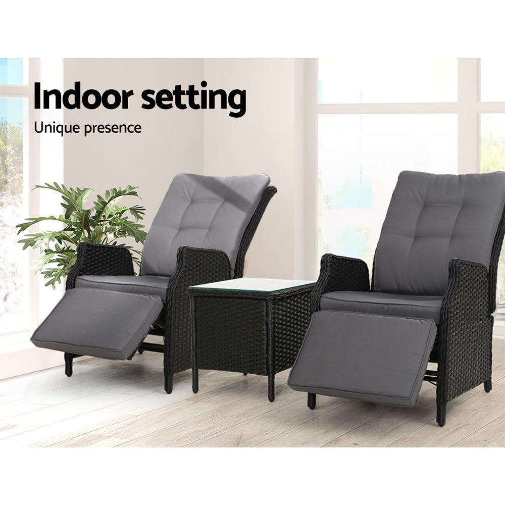 Elara Outdoor Setting Recliner Patio Chairs with Side Table Black - Furniture > Outdoor - Bedzy Australia