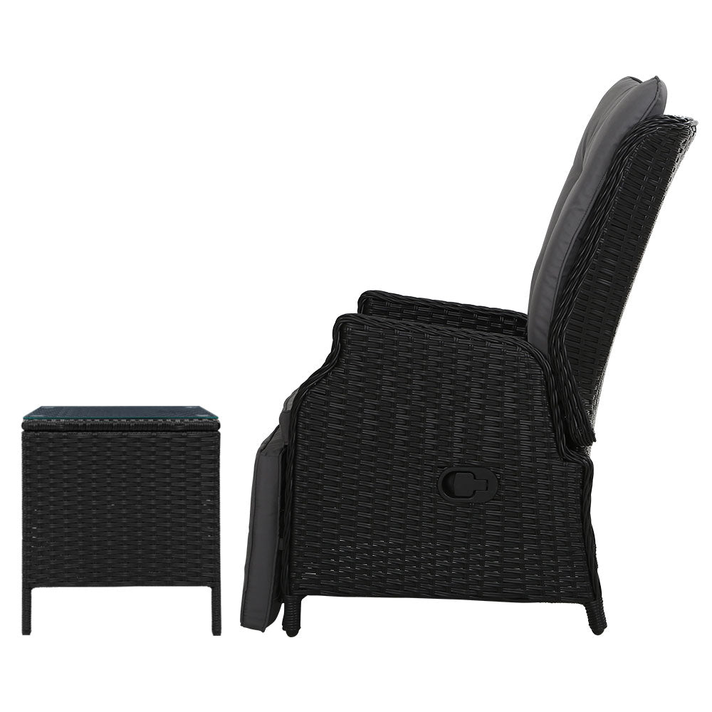 Elara Outdoor Setting Recliner Patio Chairs with Side Table Black - Furniture > Outdoor - Bedzy Australia