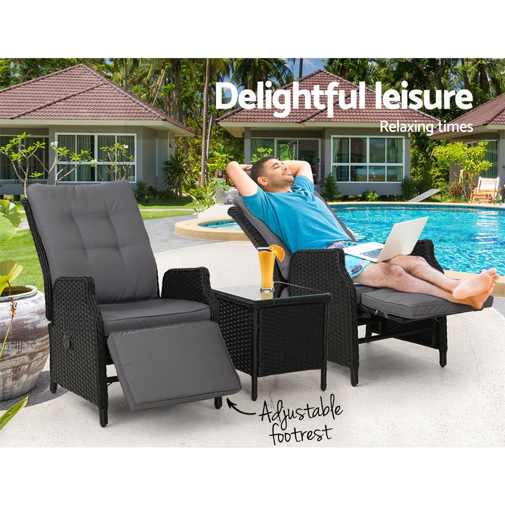 Elara Outdoor Setting Recliner Patio Chairs with Side Table Black - Furniture > Outdoor - Bedzy Australia