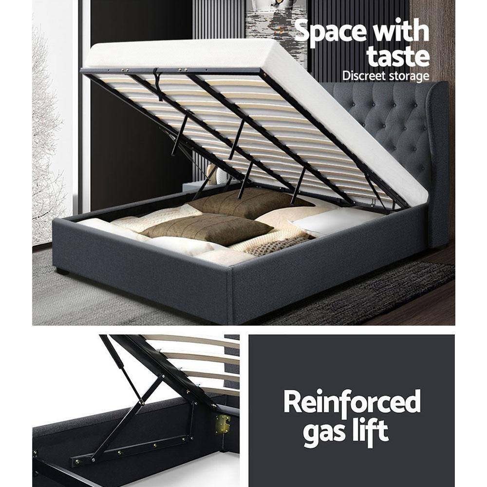 Elouera King Frame With Gas Lift Storage Charcoal - Bedzy Australia