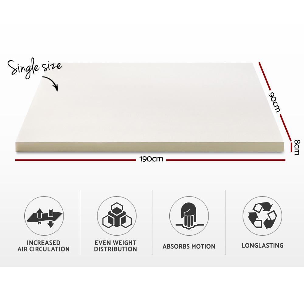 Memory Foam Mattress Topper w/Cover 8cm - Single - Bedzy Australia