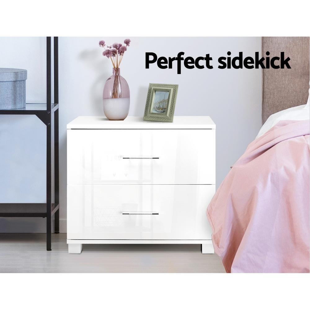 High Gloss Bedside Table With 2 Drawers White - Bedzy Australia