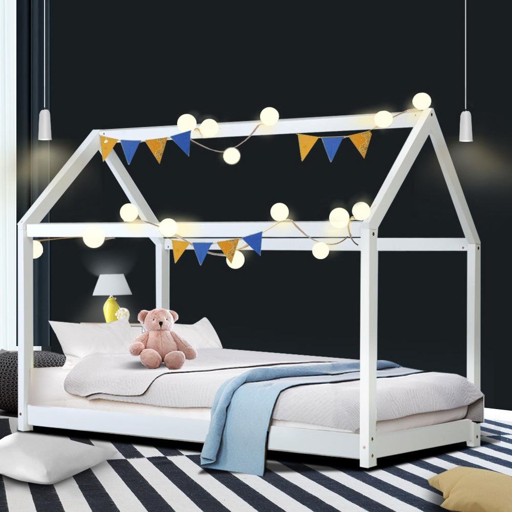 Kids Casa Wooden Single Bed Frame White - Bedzy Australia