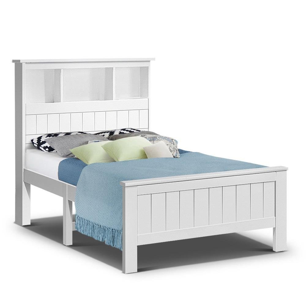 Kids Conqueror Wooden Timber King Single Bed Frame with Shelving White - Bedzy Australia