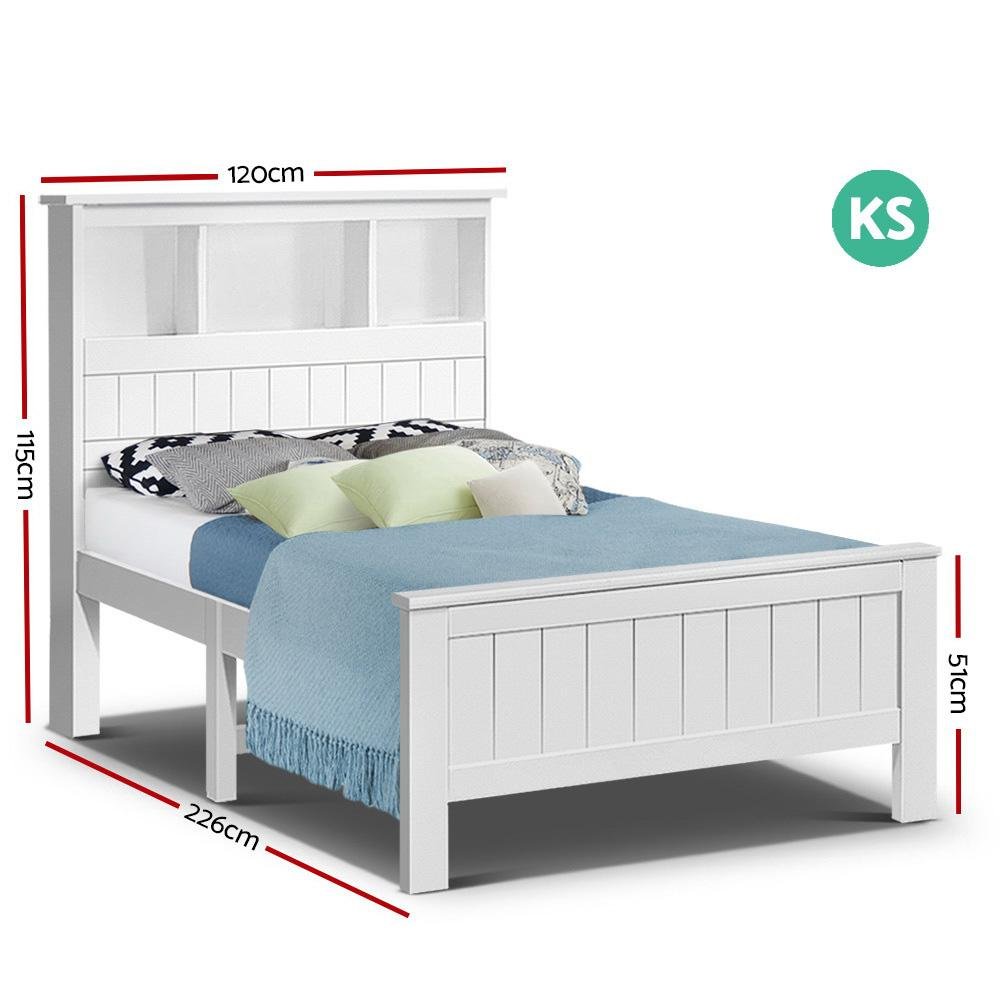 Kids Conqueror Wooden Timber King Single Bed Frame with Shelving White - Bedzy Australia