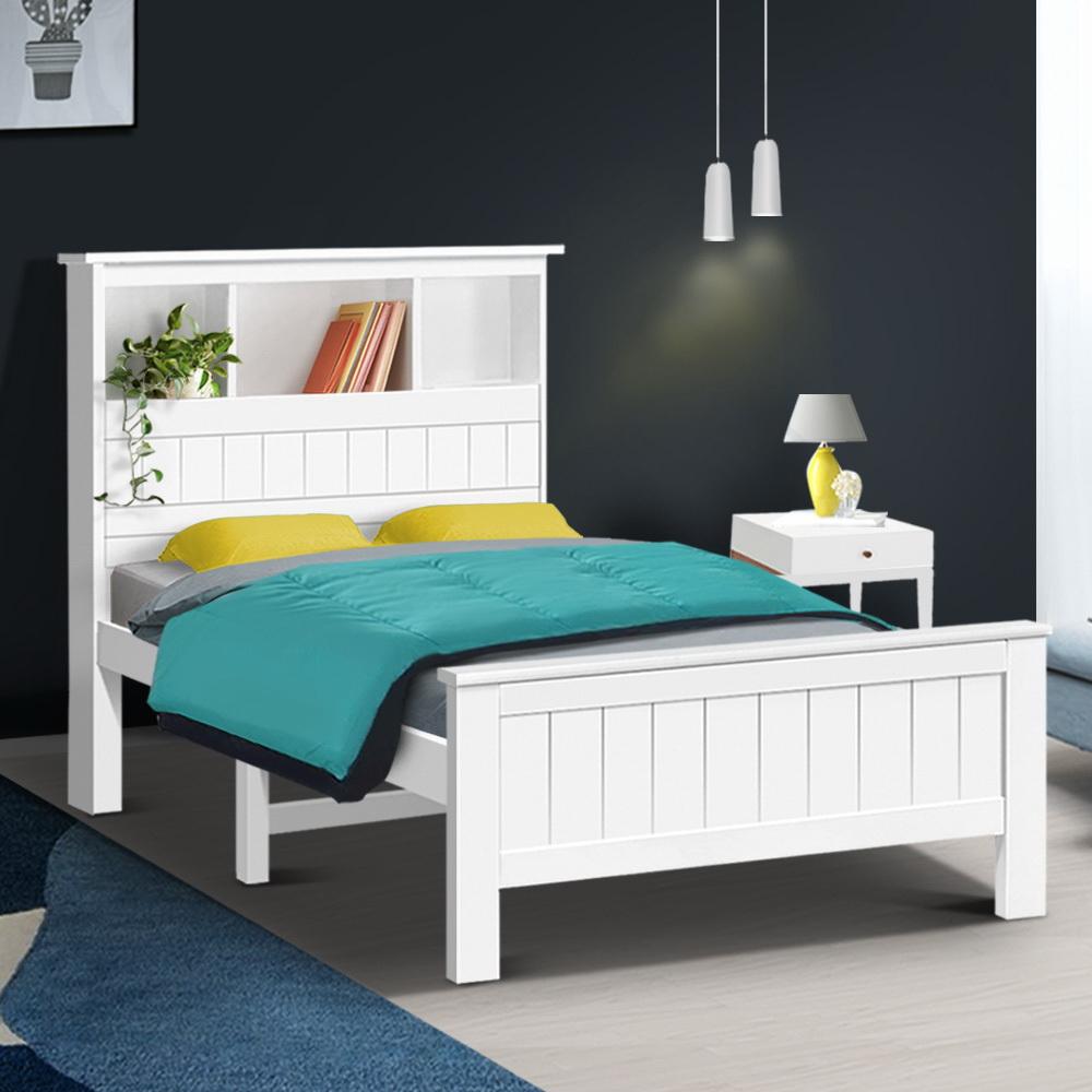 Kids Conqueror Wooden Timber King Single Bed Frame with Shelving White - Bedzy Australia