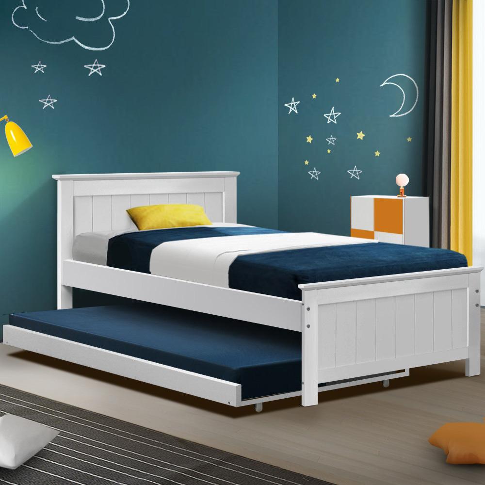 Kids Elvis Wooden King Single Trundle Bed Frame White - Bedzy Australia