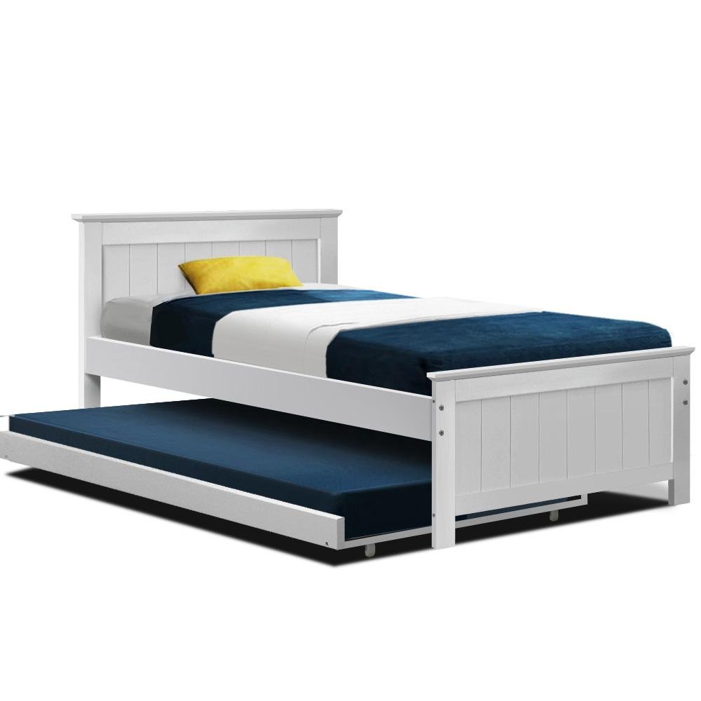 Kids Elvis Wooden King Single Trundle Bed Frame White - Bedzy Australia