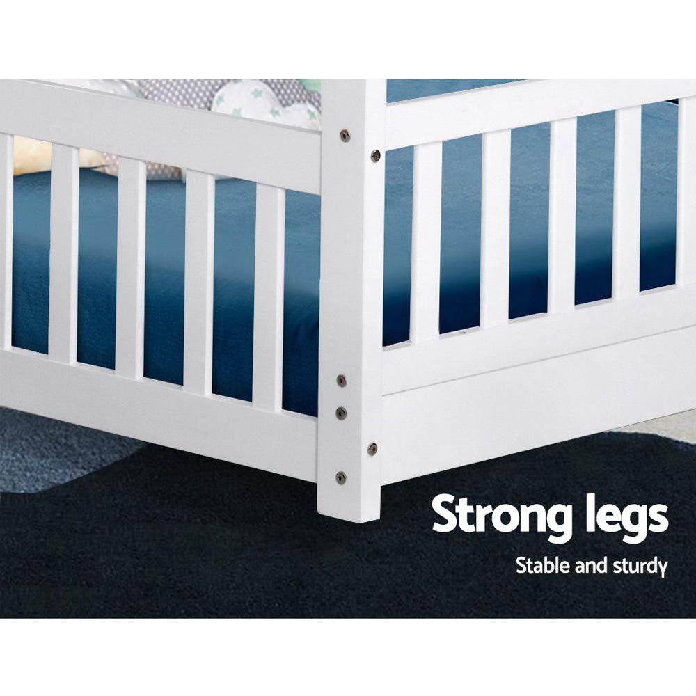 Kids Wooden House Style Single Bed Frame With Side Rails - White - Bedzy Australia