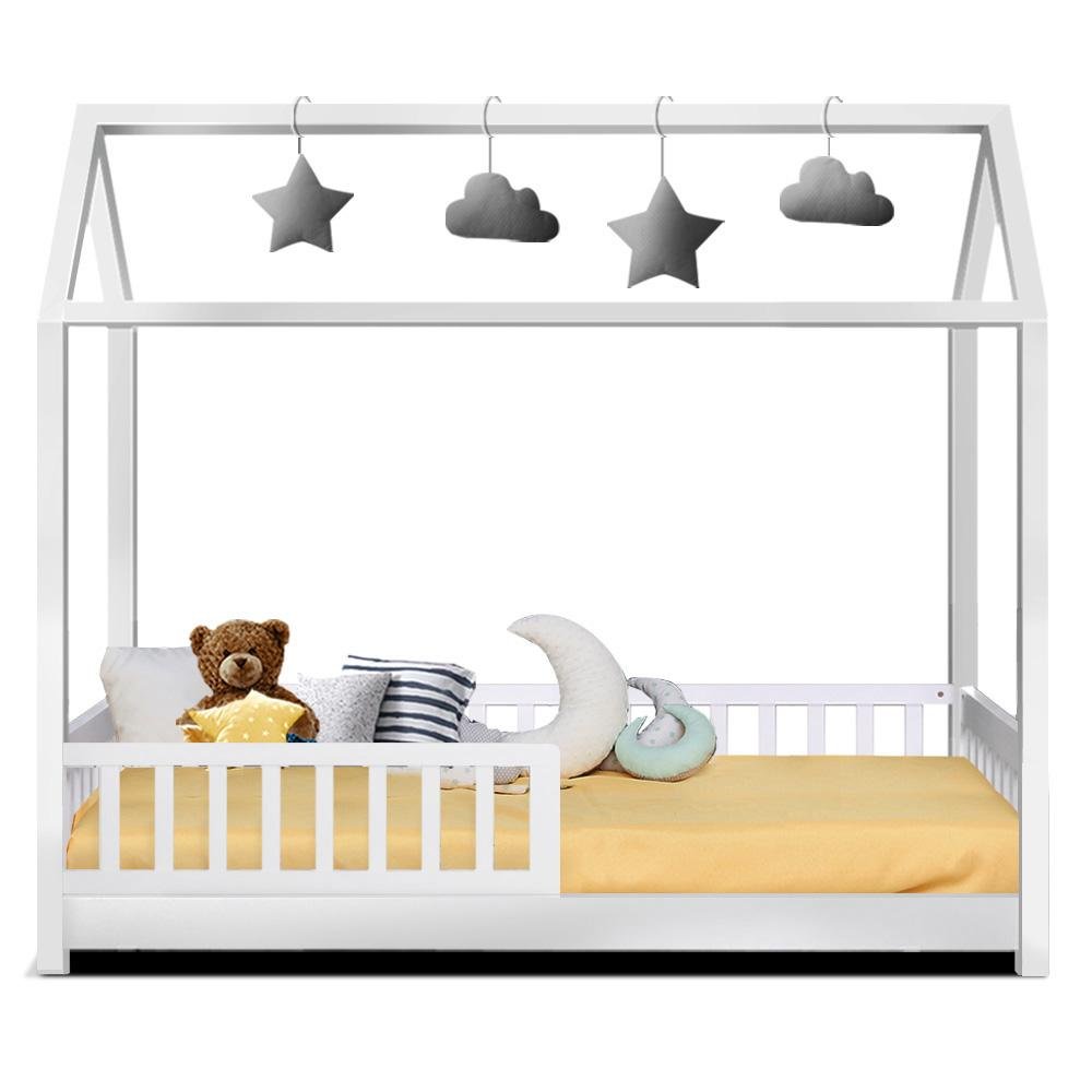 Kids Wooden House Style Single Bed Frame With Side Rails - White - Bedzy Australia