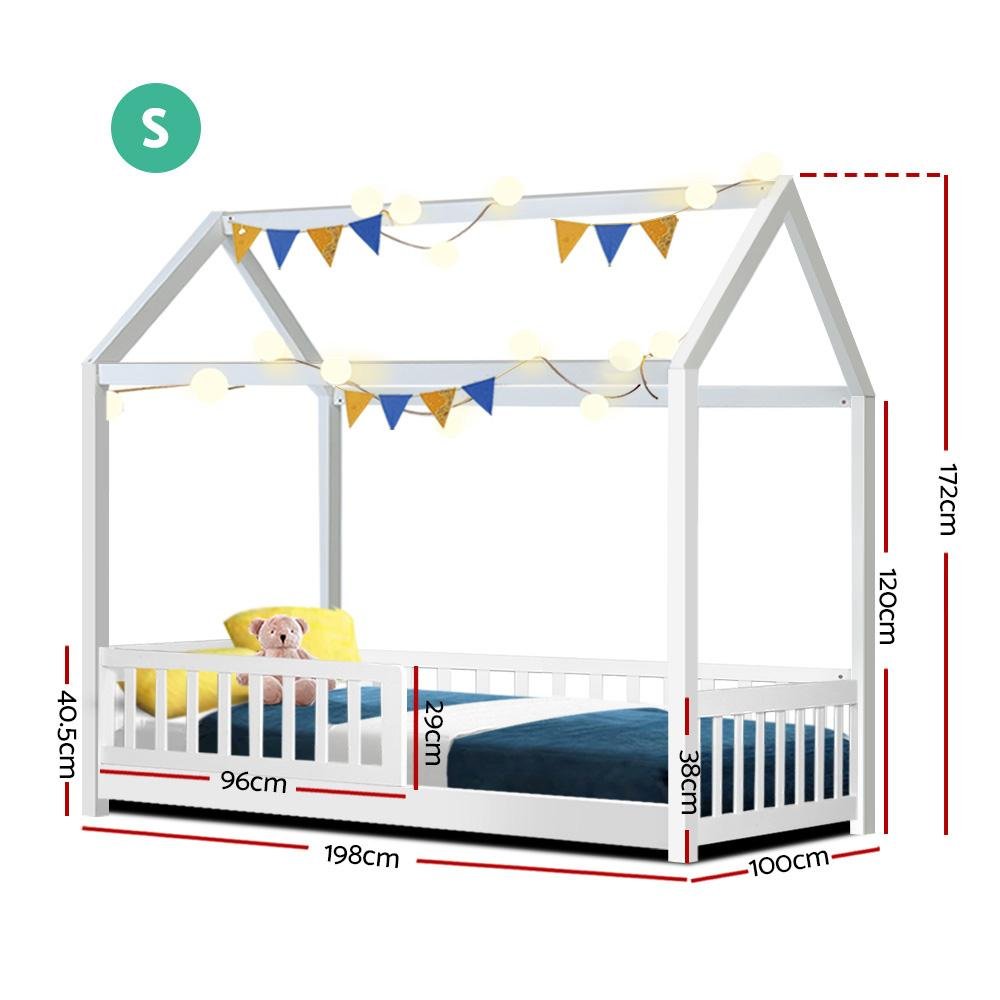 Kids Wooden House Style Single Bed Frame With Side Rails - White - Bedzy Australia