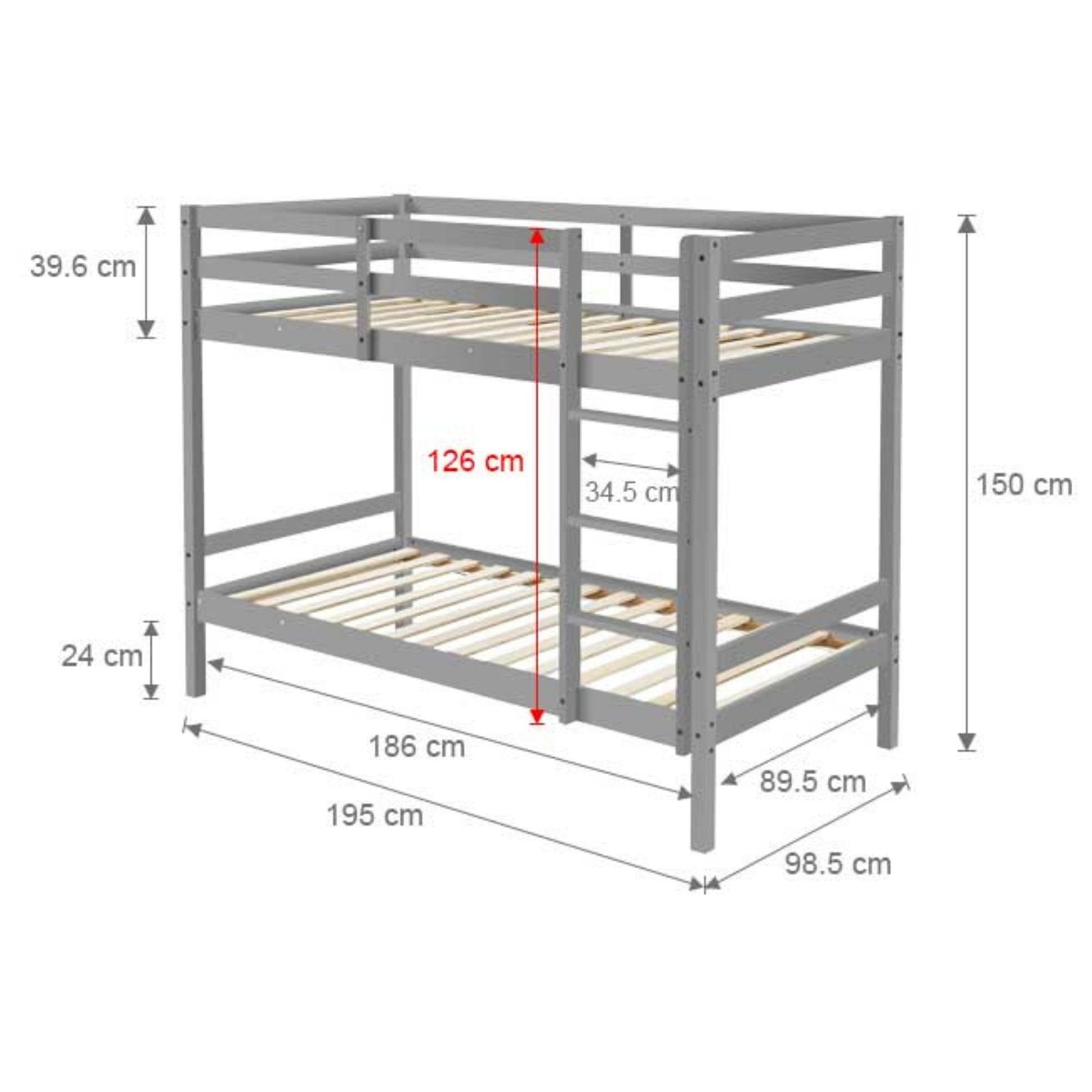 Kids Solid Pinewood Single Bunk Bed Dark Grey - Bedzy Australia