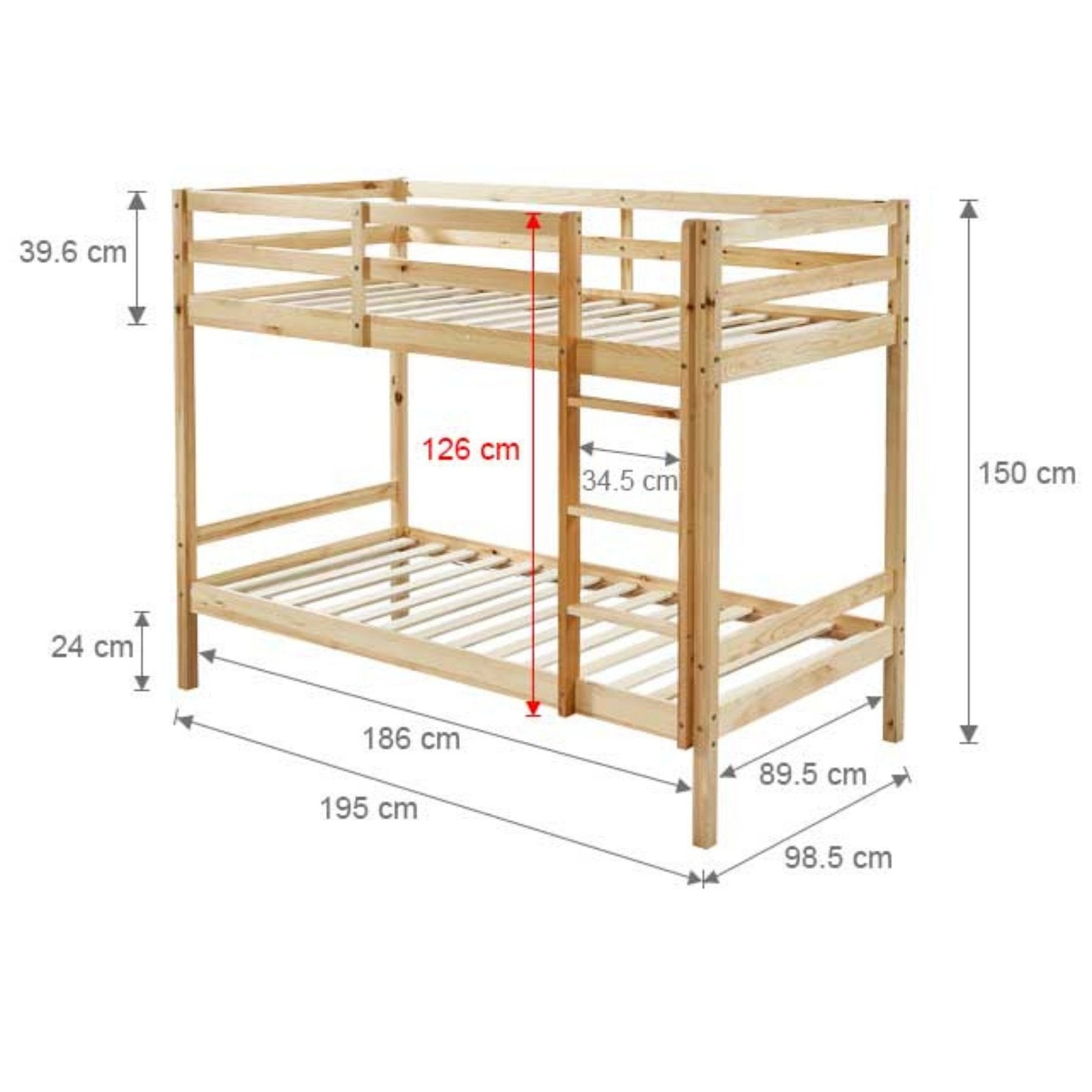 Kids Solid Pinewood Single Bunk Bed Natural - Bedzy Australia