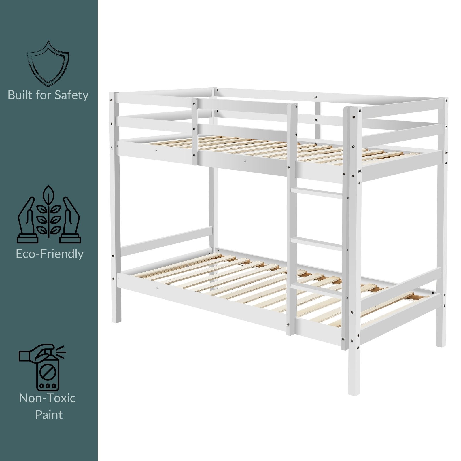 Kids Solid Pinewood Single Bunk Bed White - Bedzy Australia