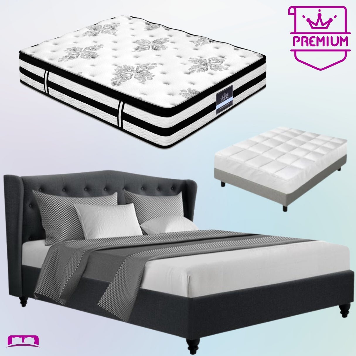 King Premium Package | Altona Bed Charcoal, Algarve Euro Top Mattress (Medium Firm) & Bamboo Mattress Topper! - Bedzy Australia