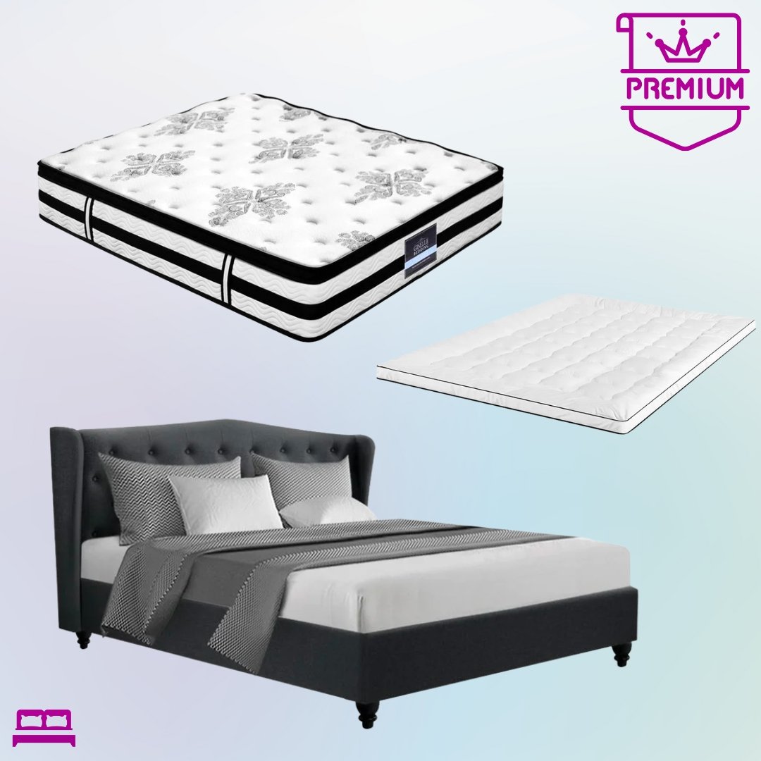 King Premium Package | Altona Bed Charcoal, Algarve Euro Top Mattress (Medium Firm) & Deluxe Mattress Topper! - Bedzy Australia