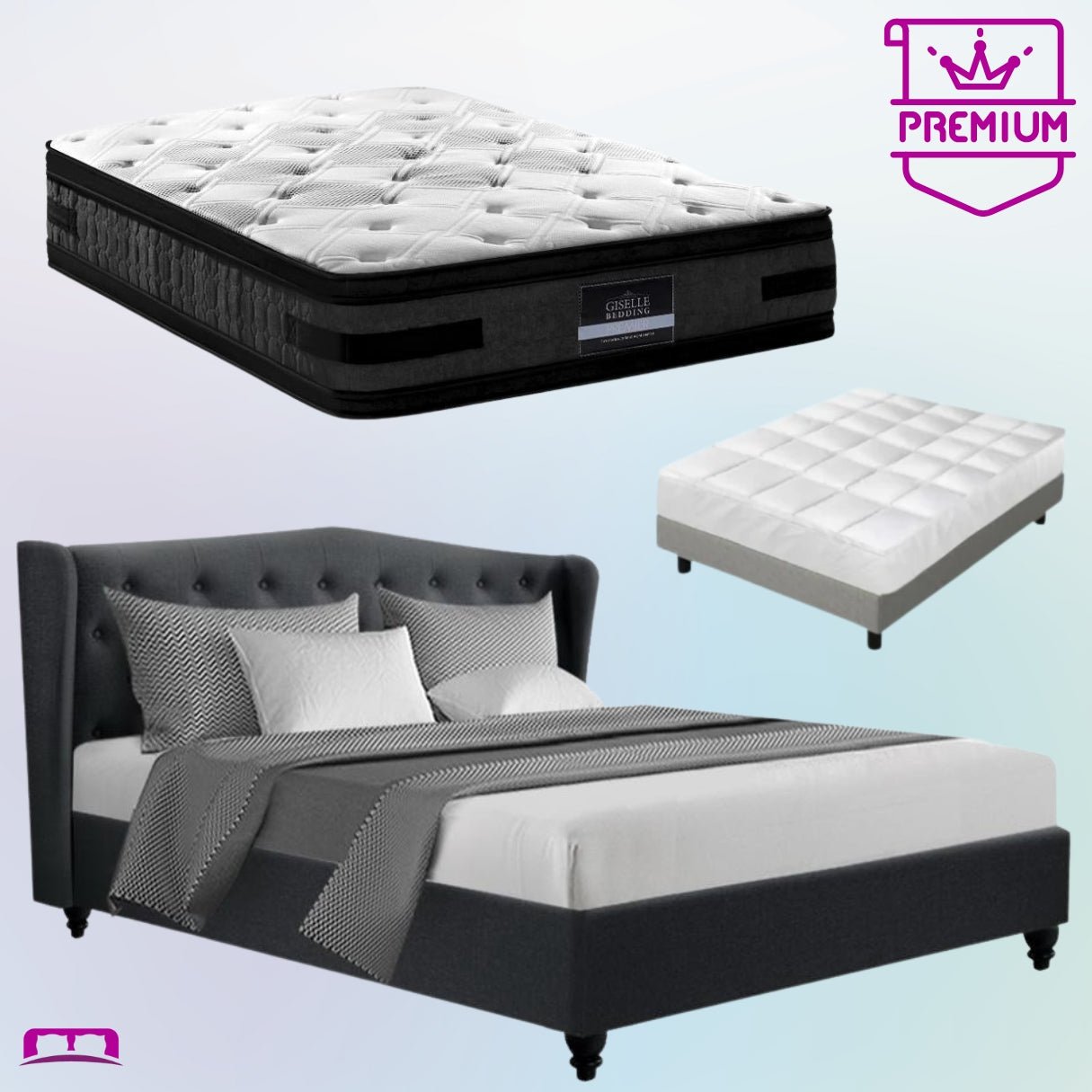 King Premium Package | Altona Bed Charcoal, Luna Series Euro Top Mattress (Medium Firm) & Bamboo Mattress Topper! - Bedzy Australia