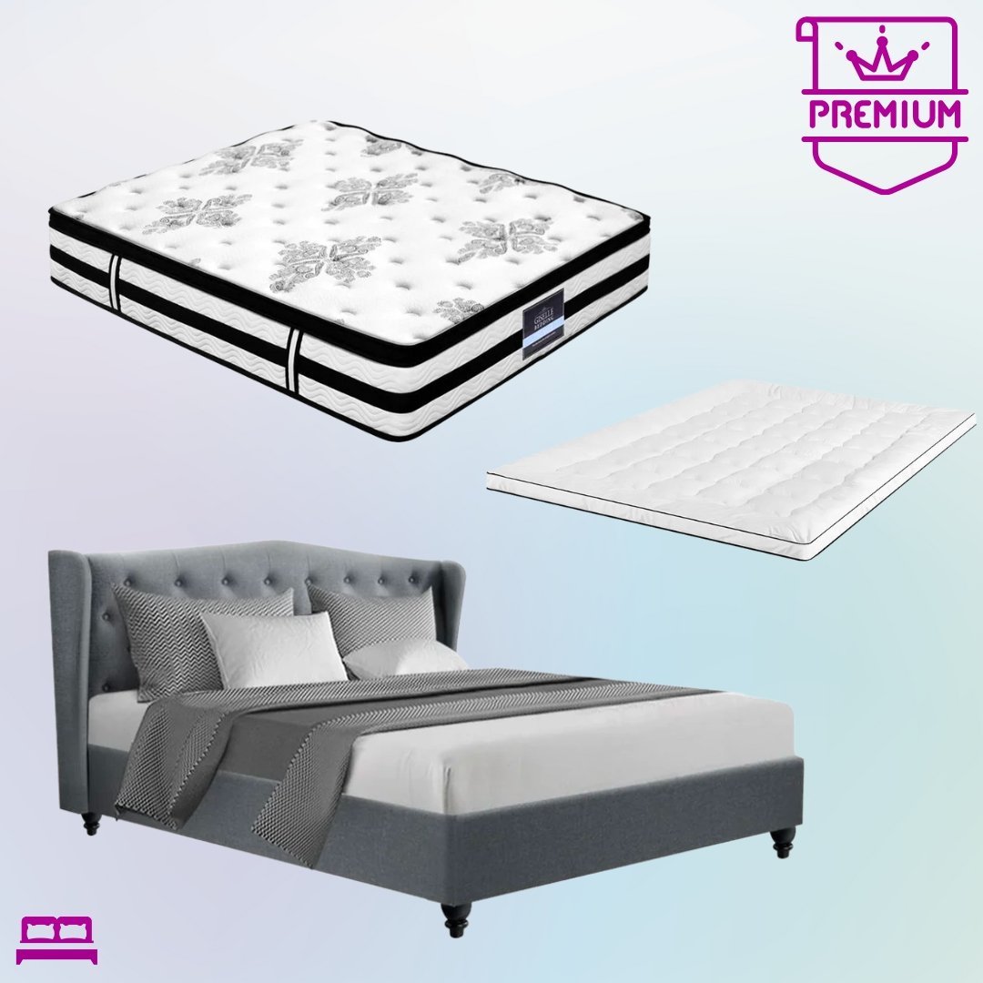 King Premium Package | Altona Bed Grey, Algarve Euro Top Mattress (Medium Firm) & Deluxe Mattress Topper! - Bedzy Australia